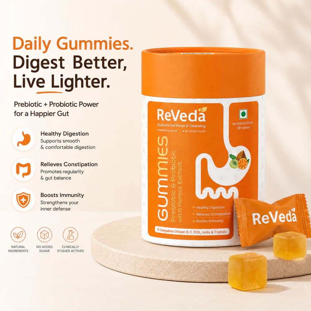 ReVeda gummies packaging with text highlighting benefits on a beige background