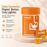 ReVeda gummies packaging with text highlighting benefits on a beige background