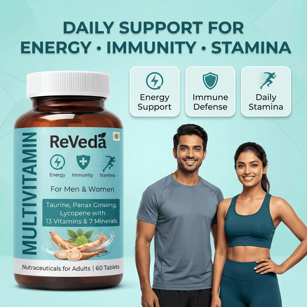 ReVeda multivitamin bottle with a man and woman on a light blue background, highlighting energy, immunity, and stamina benefits.