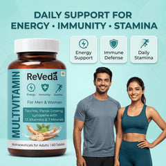 ReVeda multivitamin bottle with a man and woman on a light blue background, highlighting energy, immunity, and stamina benefits.