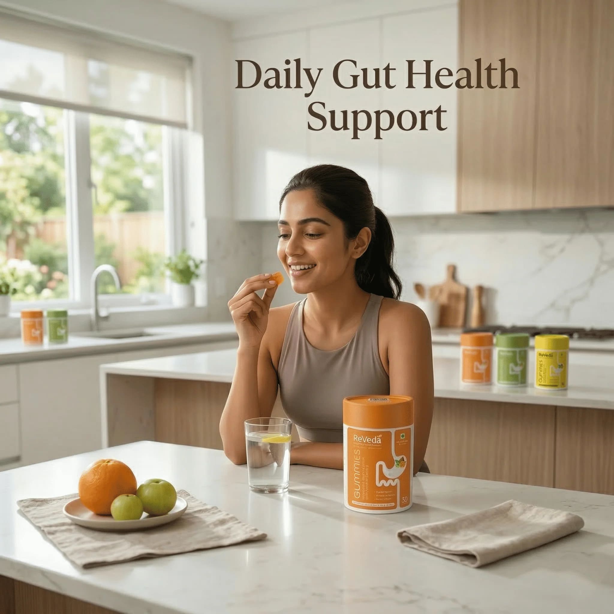 Woman in a kitchen with a container labeled 'Daily Gut Health Support' on a counter.