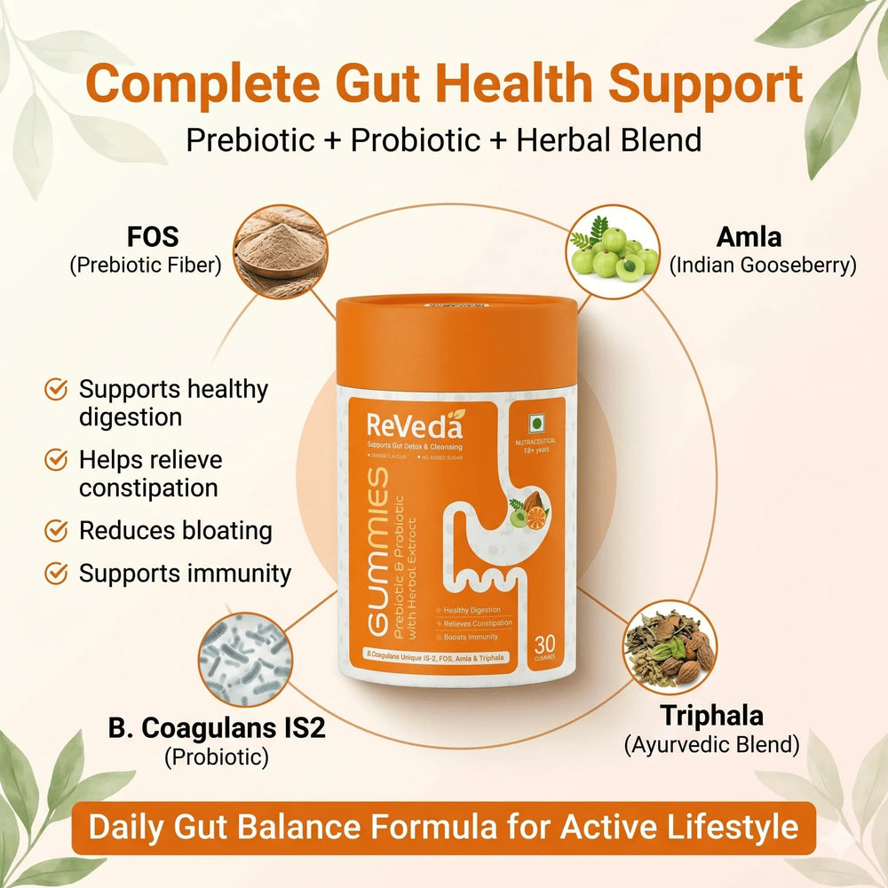 ReVeda gummies for gut health support with ingredients and benefits on a light background