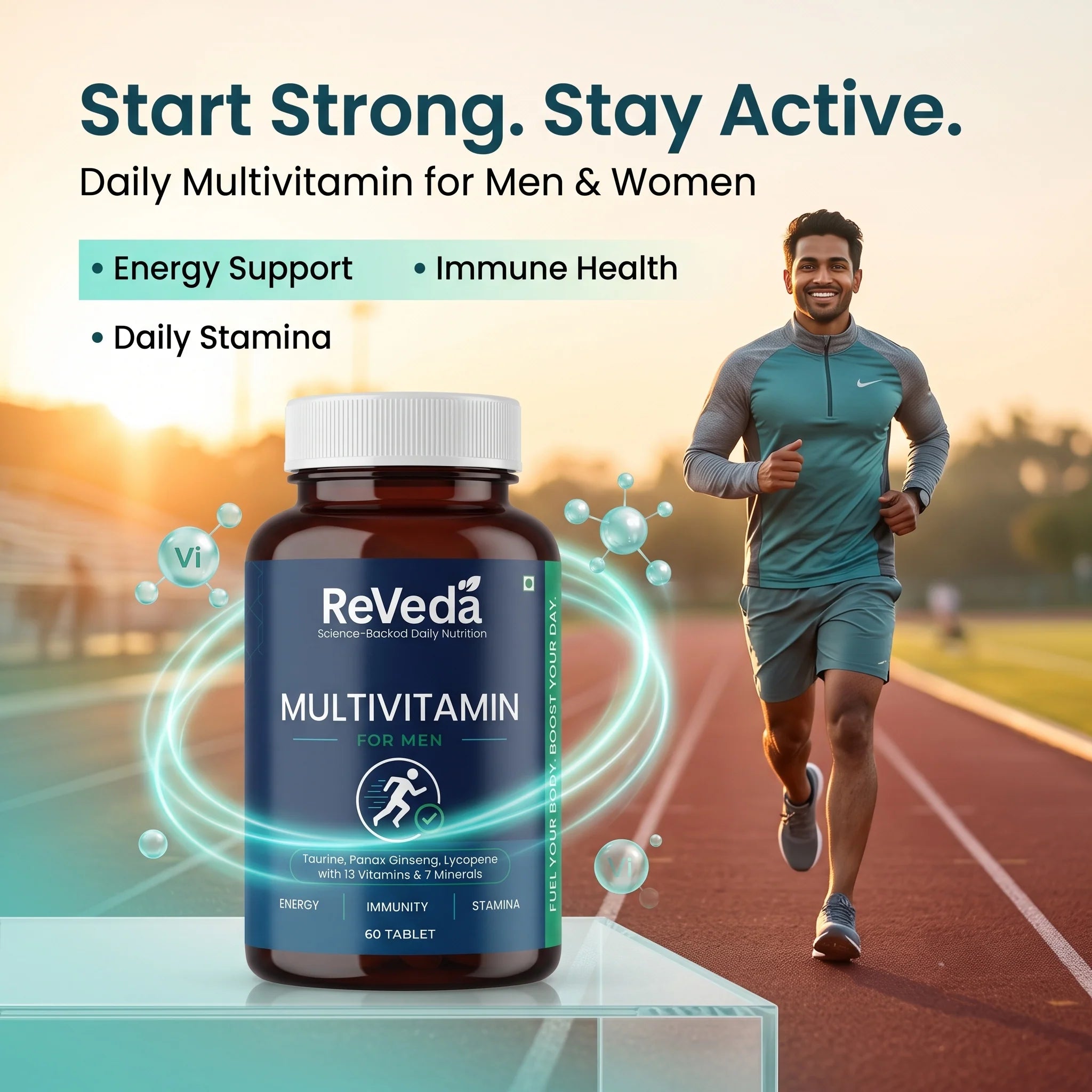 A bottle of ReVeda Multivitamin for Men and men is featured in the foreground on a track, with a running man in athletic wear in the background on a running track at sunset. The image includes promotional text highlighting benefits like energy support, immune health, and daily stamina.