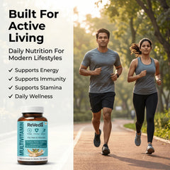 Two people running outdoors with a bottle of ReVeda multivitamins on a white background.