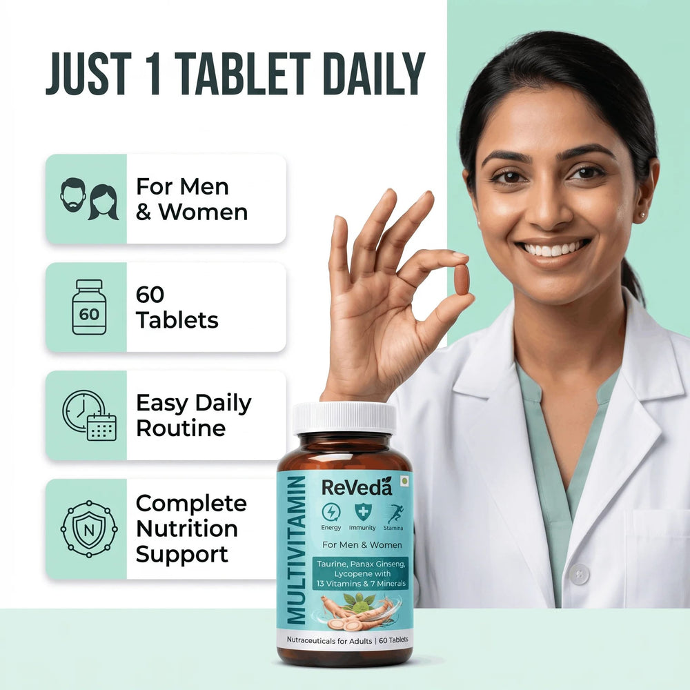 Woman in a lab coat holding a bottle of ReVeda multivitamin with product details on a green background