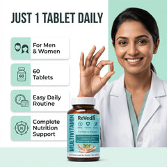 Woman in a lab coat holding a bottle of ReVeda multivitamin with product details on a green background